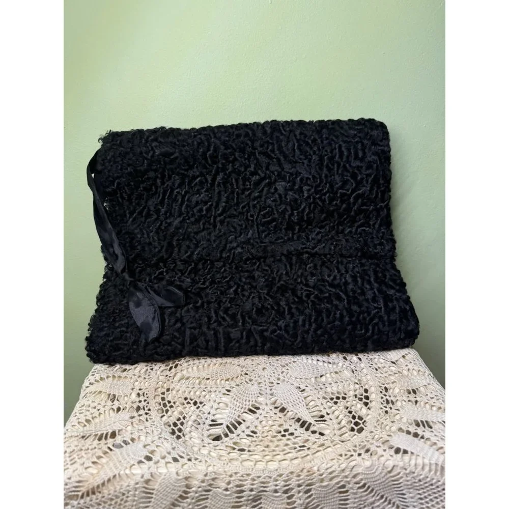 Antique 1920's Curly Black Wool Hand Muff Purse Clutch - Picture 6 of 14